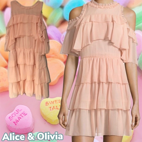 NWT $395 alice + olivia | Nichola | Tier Ruffled Silk Cold-Shoulder Dress | 12 - Picture 16 of 16